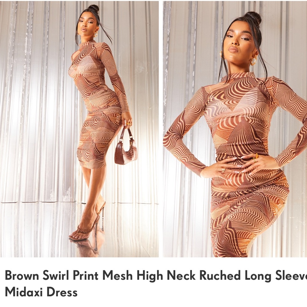 PrettyLittleThing Brown Swirl Print Mesh High Neck Ruched Long Sleeve Dress